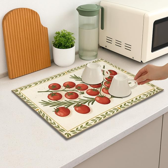 Tomatoes Herb Dish Drying Mats for Kitchen Counter, Rustic Red Tomatoes Absorbent Dish Drainer Rack Mat, Seasonal Farmhouse Microfiber Drying Pad for Kitchen Counter Decor 18x24 Inch