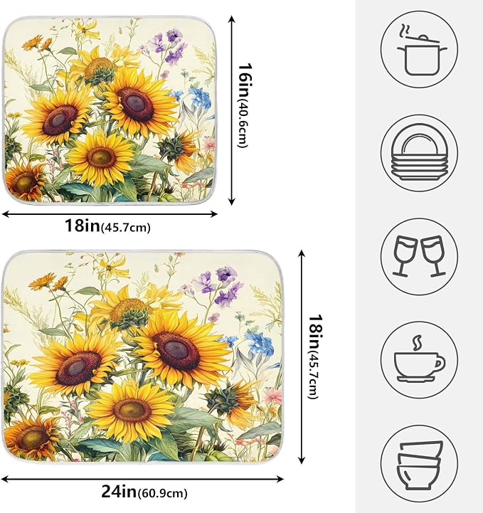 Blooming Sunflowers Dish Drying Mat for Kitchen Counter Absorbent Microfiber Large Drying Pad Dish Mats for Kitchen Countertops 18 x 24 Inch