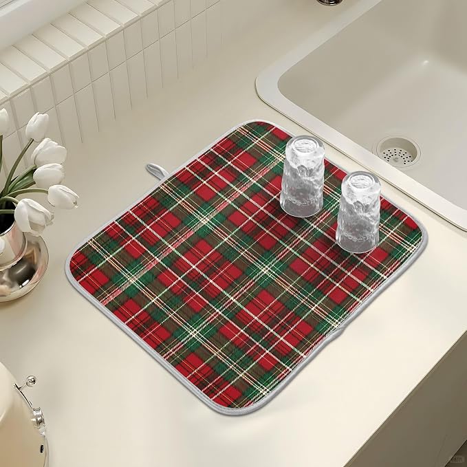 Christmas Red Green Buffalo Checkered Dish Drying Mat for Kitchen Counter Absorbent Microfiber Small Drying Pad Dish Mats for Kitchen Countertops 16 x 18 Inch