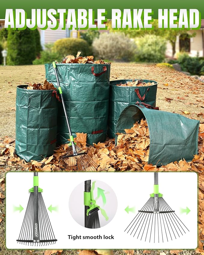 63.4 Inch Adjustable 18 Tines Metal Leaf Rake Set with 40 Gal Dustpan Bags | Adjustable garden rake, Leaf scoop set, Lawn debris collector, Metal tine rake,Outdoor yard tool,Garden shrub & grass sweeper