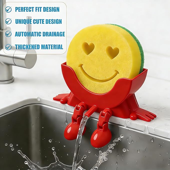 Cute Hanging Sponge Holder with Drainage,3D Printed Kitchen Funny Sponge Stand for Sink,with non-slip pads,Suitable for Scrub Daddy Holder,Keeps Your Sponge Dry Smiling (Red)
