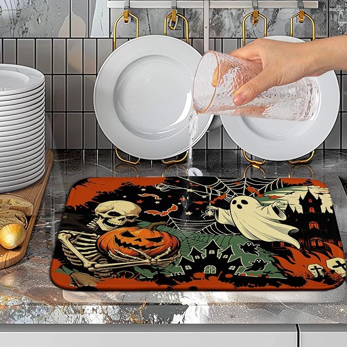 Halloween Ghost Skeleton Dish Drying Mat for Kitchen Counter 16x18 Spooky Skull Pumpkin Bat Fall Dish Mat Orange Black Holiday Dishes Drying Pad Absorbent Microfiber Dish Drainer Mats