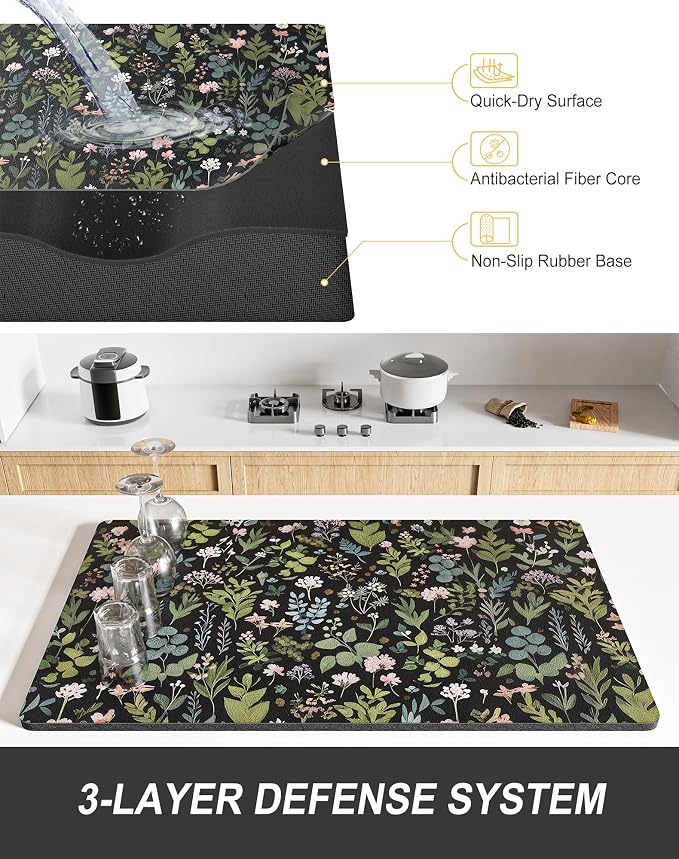 Rnivvi Dish Drying Mat for Kitchen Counter, XL 15 x 24" Cute Flower Theme Super Absorbent Drainer Pad, Non-Slip Heat Resistant Coffee Bar Mat for Coffee Machine Station Accessories,Black Dish Rack Pad