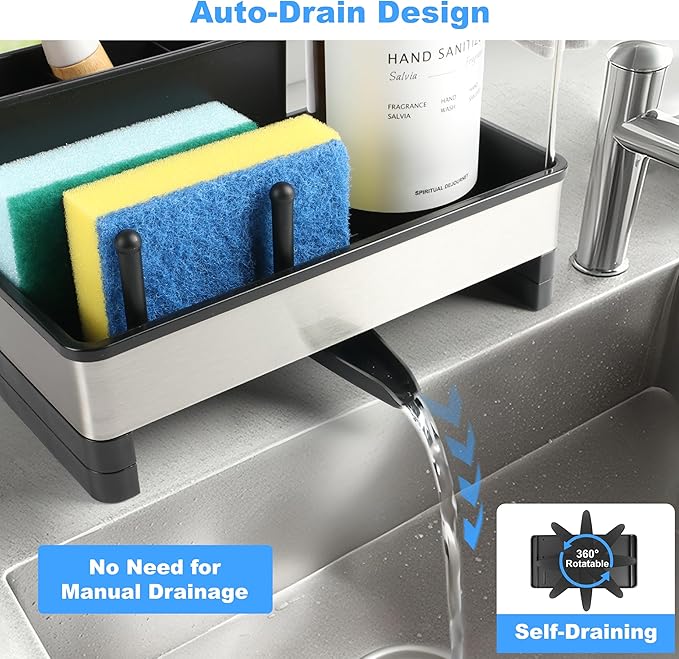 Sponge Holder for Kitchen Sink Caddy Organizer, Dish Brush Holder | Stainless Steel Sponge Caddy for Kitchen Countertop Organizer, Rustproof Dish Soap and Sponge Rack with Dishcloth Drying Rack