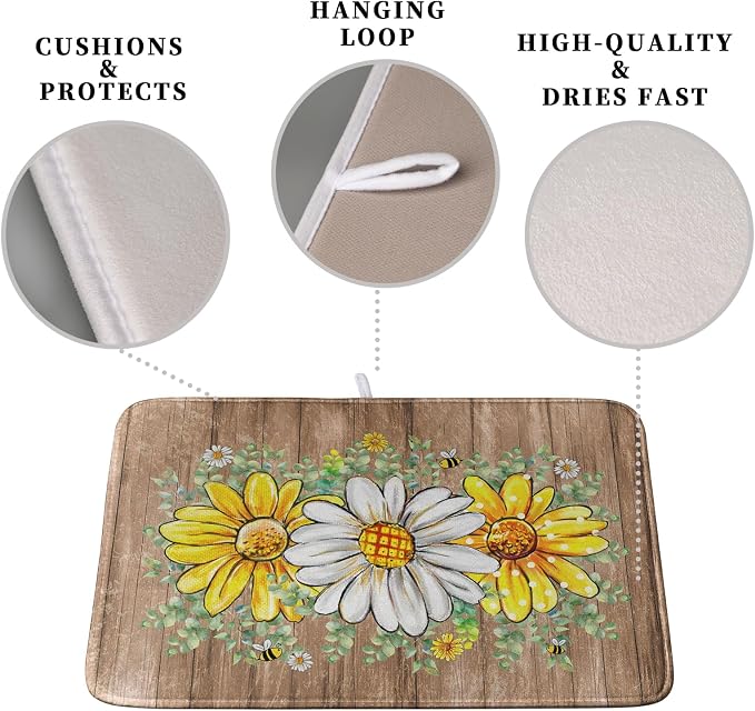 Rustic Daisy Floral Dish Drying Mat for Kitchen Counter Spring Summer Sunflower Dish Drying Mat Bee Absorbent Microfiber Dish Mat Reversible Dish Drainer Rack Mat Large 18x24 Inch