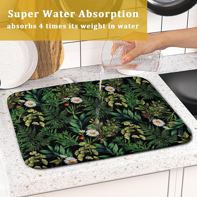 Green Botanical Dish Drying Mat 16x18 Inch Plant Leaf Fast Dry Dish Drainer Rack Mats Absorbent Microfiber Protector for Countertops Sinks