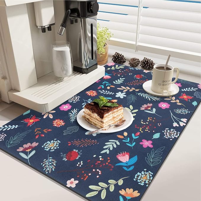 LOKHOM Dish Drying Mat for Kitchen Counter, 18"x24" Absorbent Coffee Bar Mat with Colorful Floral, Vintage Dish Drainer Rack Mat