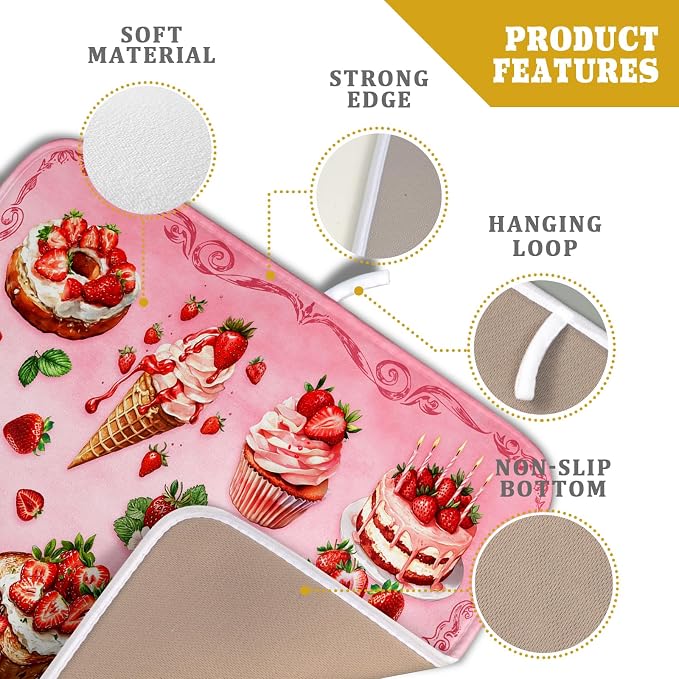 Pink Strawberry Dish Drying Mat for Kitchen Counter Washable Absorbent Dish Draining Mat 16×18in