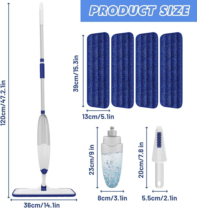 HOMTOYOU Microfiber Flat Mop with Sprayer: Spray Mop with 4 Washable Pads | Cleaning Multi-Surface Floors, 1Pcs 400+ML Refillable Bottle, Wet Dry Use, 360° Swivel Head, White
