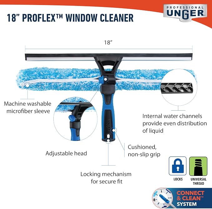 Unger Professional Connect and Clean 18” Proflex 2-in-1 Squeegee and Scrubber, High Access Window Cleaning Tool with Pivoting Head, Commercial and Residential Use, Reusable Microfiber Sleeve