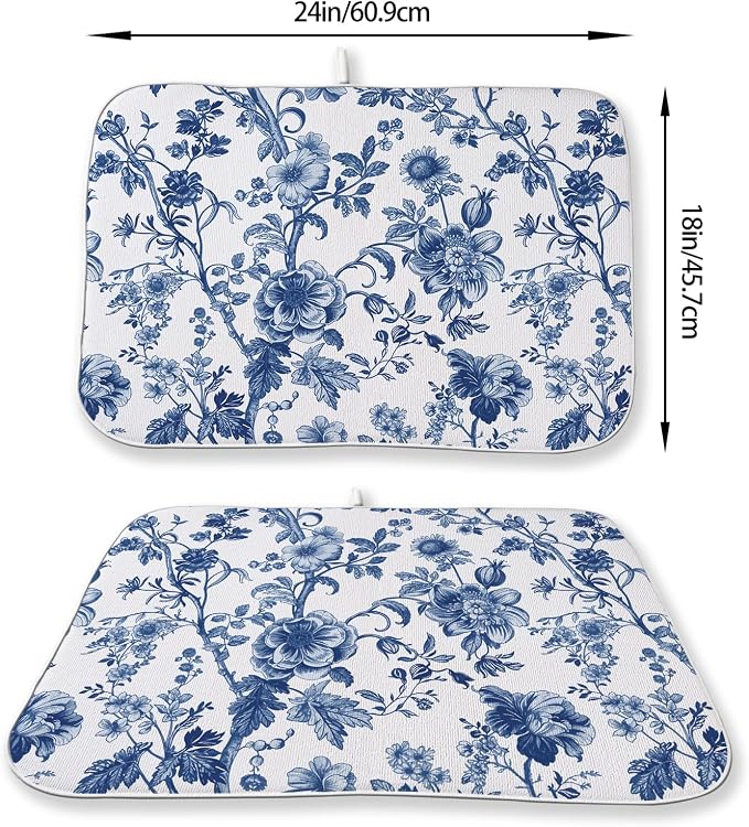 Vintage Blue Dish Drying Mat 18x24 Inch Chinoiserie Navy Blue Floral Drying Mat Flower Spring Summer Seasonal Absorbent Dish Drying Pad Dish Rack Drainer Mats for Kitchen Dining Counter