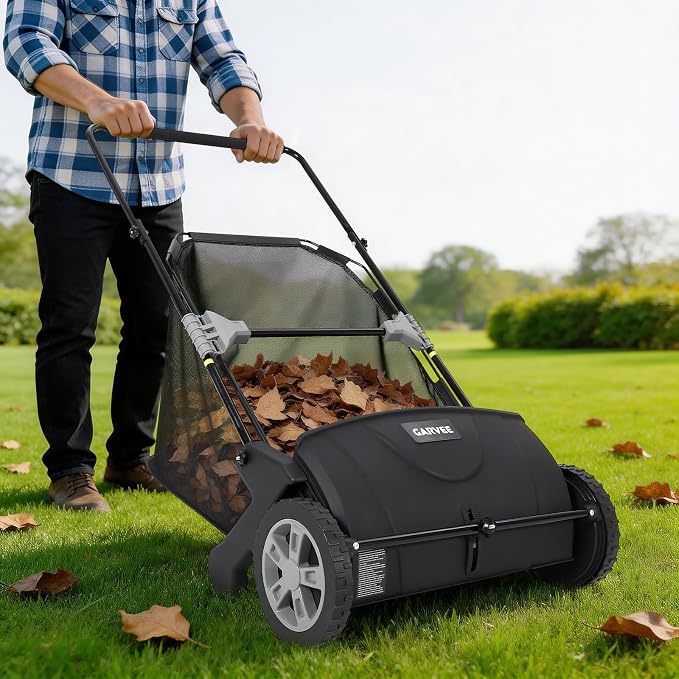 Garvee Push Lawn Sweeper, 21inch Leaf & Grass Collector - Black