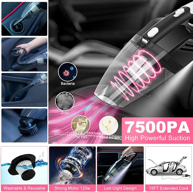 41Pcs Car Cleaning Wash Kit Interior Detailing Cleaner Kit with High Power Handheld Vacuum, Collapsible Bucket, Windshield Tool, Snow Shovel, Tire Brush, Complete Car Care Tools, Pink