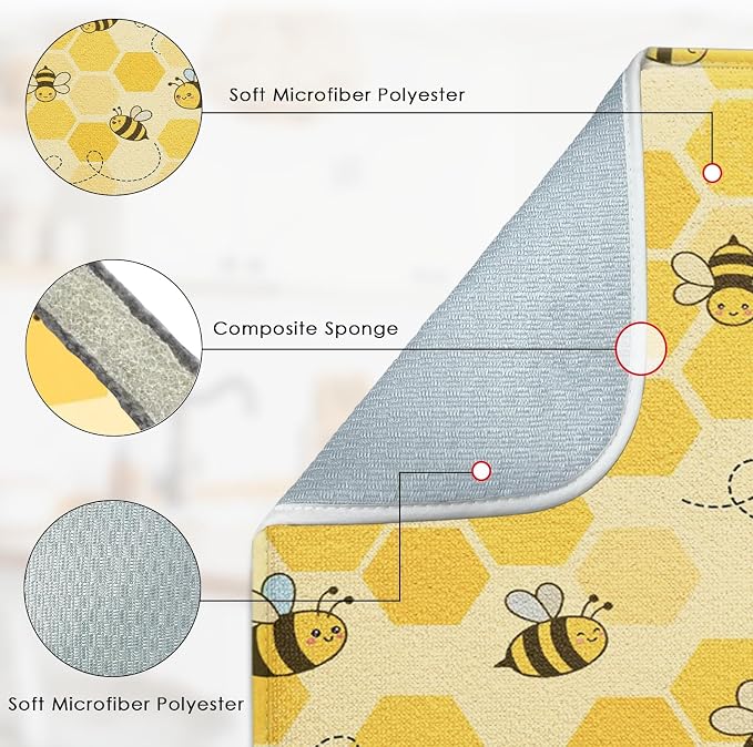 Sanwarm Absorbent Dish Drying Mat, Honey Baby Cute Yellow Bees Microfiber Pad for Kitchen Counter, Coffee Bar Decor, Heat Resistant and Reversible, 16" x 18"