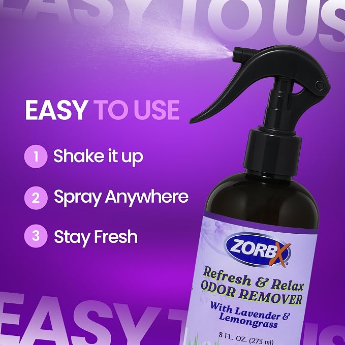 ZORBX Refresh & Relax Lavender Lemongrass Odor Remover Spray 8 Oz, 2-Pack | Natural Room Deodorizer for Medical Rooms, Closet, Home, Bathroom, Furniture, Carpet, Car, Gym & Laundry, Permanent Solution