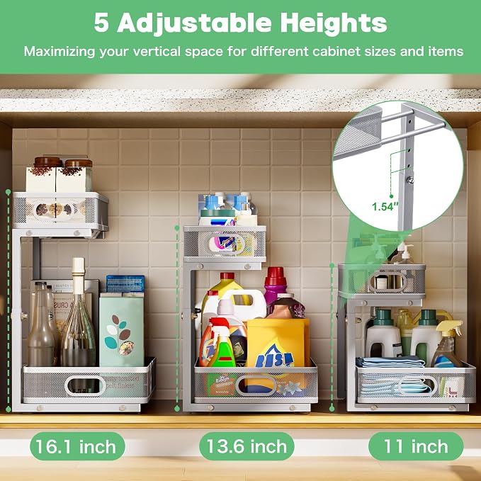 Under Sink Organizer 2 Pack, High Adjustable 2 Tier Under Sink Organizers and Storage, Slide out Metal Cabinet Organizers, Pull out Storage Drawer Shelf for Kitchen Bathroom Cabinet (Gray)