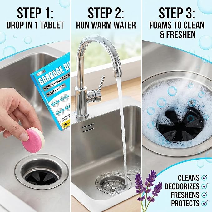 EEMANI Garbage Disposal Cleaner Tablets 24 Pack – 20g Large Foaming Lavender Scent, Sink & Drain Freshener for Kitchen, Deep Cleaning – 1 Year Supply