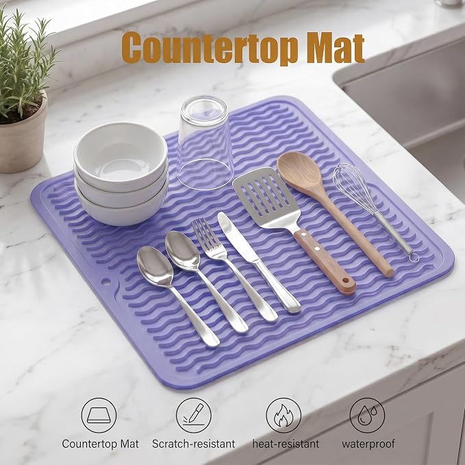 MicoYang Silicone Dish Drying Mat for Multiple Usage,Easy clean,Eco-friendly,Heat-resistant Silicone Mat for Kitchen Counter or Sink,Refrigerator or Drawer liner Light Purple M 12 inches x 12 inches