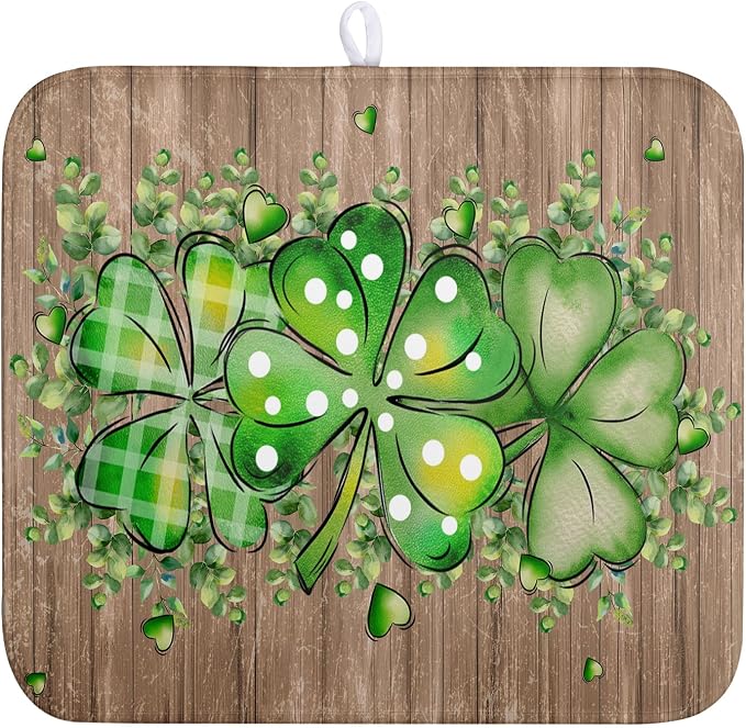 St Patricks Day Wooden Plank Shamrock Drying Mat for Kitchen Counter St Patrick Eucalyptus Leaves Clover Dish Drainer Mats Absorbent Microfiber Dishes Pad Reusable Washable Dry Mat 16x18 Inch