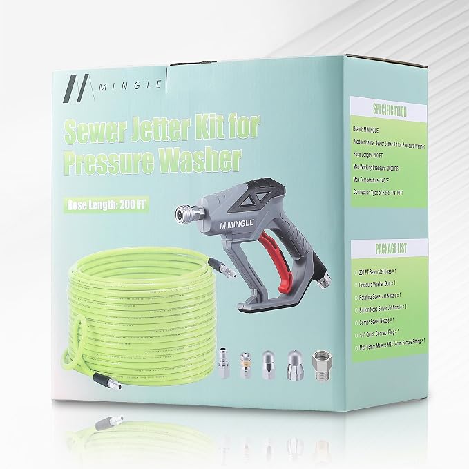 M MINGLE Sewer Jetter Kit for Pressure Washer 200 FT | Drain Cleaner Hose with Power Washer Gun, 1/4 Inch NPT Corner Rotating and Button Nose Sewer Jetting Nozzle, Orifice 4.0, 4.5
