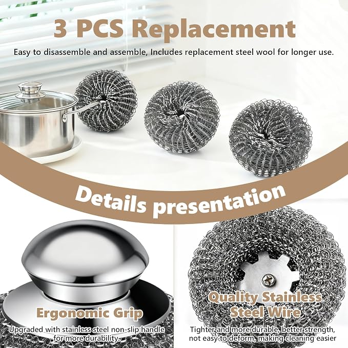Steel Wool Scrubber, 4-Pack Stainless Steel Scrubber Pads with Handle - The Ultimate Scouring Solution for Rust, Stubborn Messes on Cookware, Grill, Oven & Kitchen Sinks