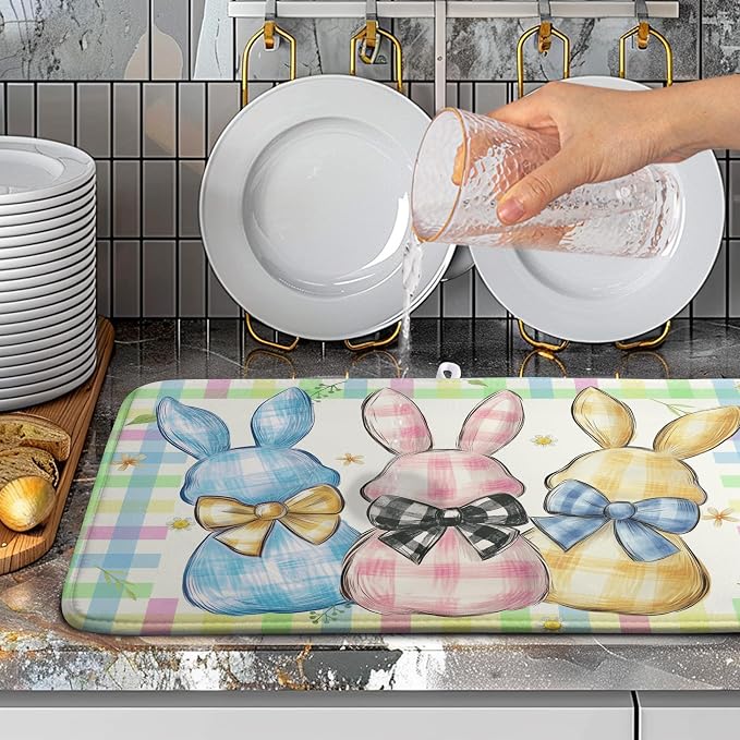 Easter Drying Mat for Kitchen Counter 18x24 Inch Spring Cute Bunny Dish Drying Mats Colorful Buffalo Plaid Rabbits Drying Pad Microfiber Absorbent Dish Drainer Rack Mat Easter Kitchen Accessories