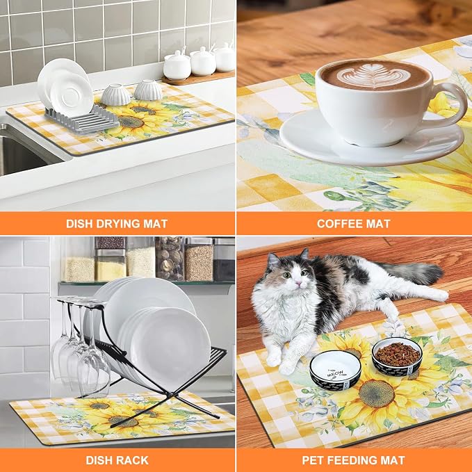 LOKHOM Dish Drying Mat for Kitchen Counter, 18"x24" Absorbent Coffee Bar Mat with Sunflowers, Vintage Floral Dish Drainer Rack Mat for Decoration