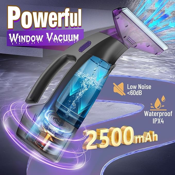 Window Vacuum Squeegee Cordless, 2000Pa Electric Window Cleaner Tool with Spray Bottle & Microfiber Pad, Handheld Window Cleaning Kit for Streak-Free Glass, Shower Doors, Mirrors, Tiles, Car Windows