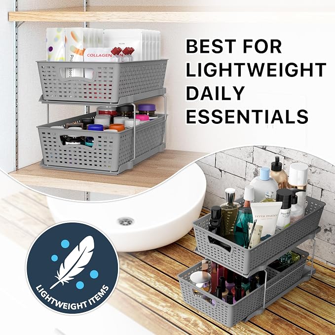 Simple Houseware 2 Tier Pull-Out Sliding Drawer Under Sink Storage, Gray | Great for Kitchen Bathroom Tray Shelf Organizer