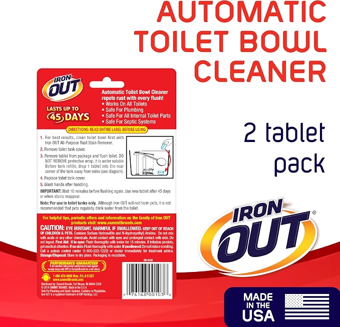 Iron OUT Automatic Toilet Bowl Cleaner Tablets, Helps Remove and Prevent Rust Stains with Every Flush, Lasts up to 45 Days, Made in the USA, 2 Tablets