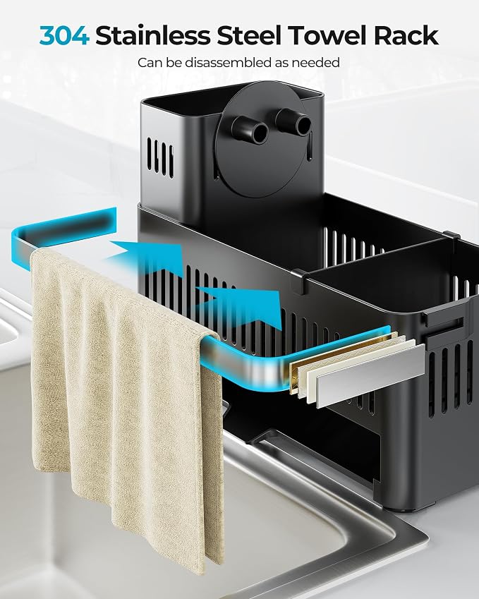 Nieifi Sponge Holder – Black ABS Rust Sink Caddy with Towel Rack, 10.12" | Smiley sponge & brush holders with drainage to keep items dry. 4.5-inch depth. Kitchen counter organizer & essential storage.