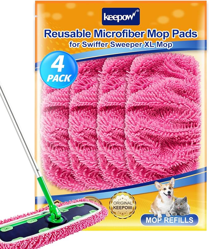 KEEPOW Reusable XL Mop Pads Compatible with Swiffer XL Sweeper, 4 Pack Pink | X-Large Dry Sweeping Cloths, XL Wet Pads Refills, Washable Microfiber Heavy Duty Wet Mopping Cloths for Floor Cleaning