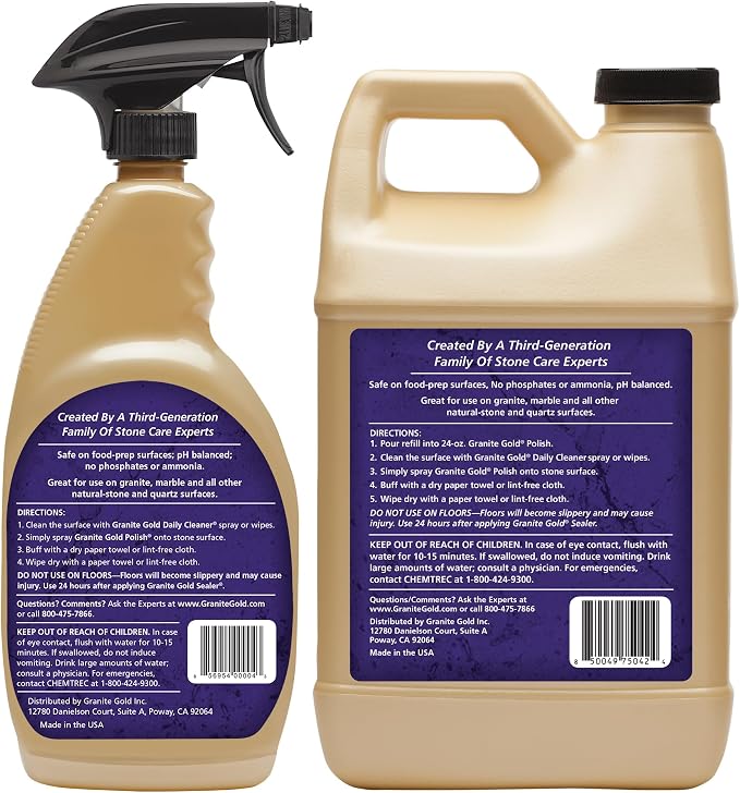 Granite Gold Polish Spray, Streak-Free Shine for Granite, Quartz, Marble, Travertine, Natural Stone Countertops, 64 Fluid Ounces and 24 Fluid Ounces