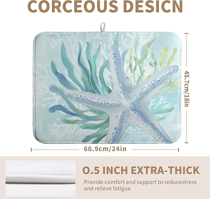 Summer Coastal Dish Drying Mats for Kitchen Counter Nautical Beach Starfish Coral Drying Pad Ocean Teal Blue Dish Draining Mats Absorbent Microfiber Dish Drainer Rack Mat Extra Large 18"x24"