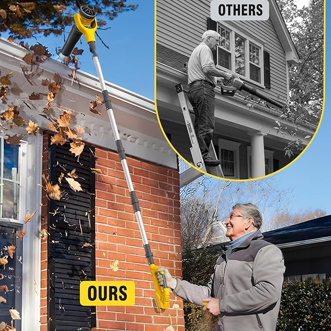 Roof Gutter Cleaning from The Ground, Leaf Blowers for Dewalt 20V Battery | (Tool Only)55" extension pole, brushless motor,580CFM/180MPH,270° nozzle clean roof gutters safely from the ground