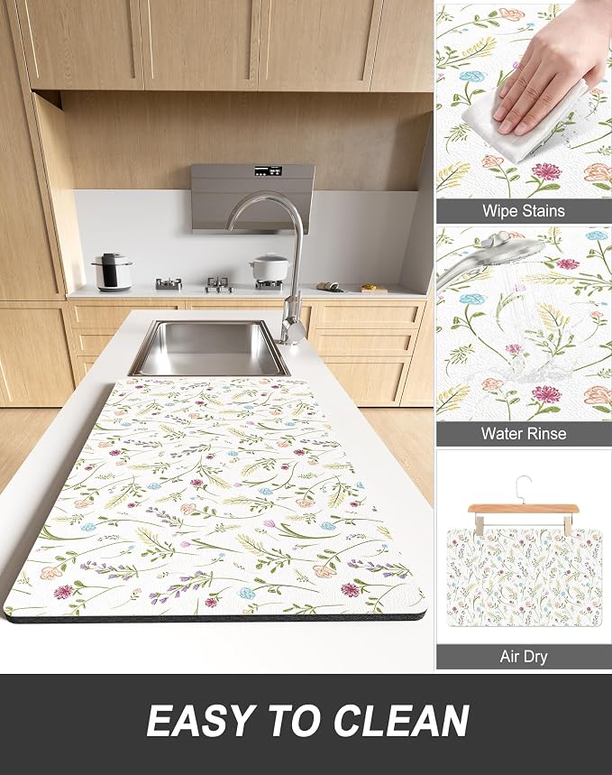 Rnivvi Dish Drying Mat for Kitchen Counter, 12 x 19" Cute Flower Theme Super Absorbent Draining Pad, Non-Slip Heat Resistant Coffee Bar Mat for Coffee Machine Station Accessories, White Dish Rack Pad