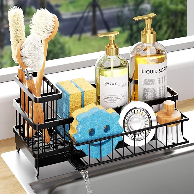 Consumest Sponge Holder for Kitchen Sink - Auto Draining Sink Caddy Organizer with Detachable Rack, High Brush Holder, Kitchen Countertop Storage Accessories, Black-Large