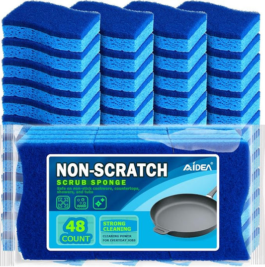AIDEA Non-Scratch Scrub Sponge-48Count, Sponges Kitchen, Sponges for Dishes | Cleaning Sponge, Cleans Fast Without Scratching, Stands Up to Stuck-on Grime, Cleaning Power for Everyday Jobs