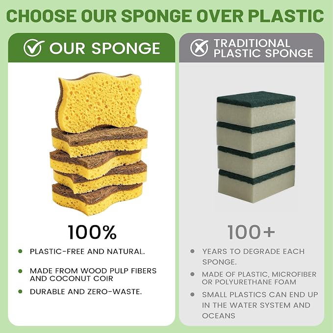 LILAC 12 Pack Natural Cellulose Sponges for Dishes - Non-Scratch Kitchen Scrub Sponges - 100% Biodegradable & Eco-Friendly Cleaning Sponges for Non-Stick Cookware, Bathroom & Household（Yellow）