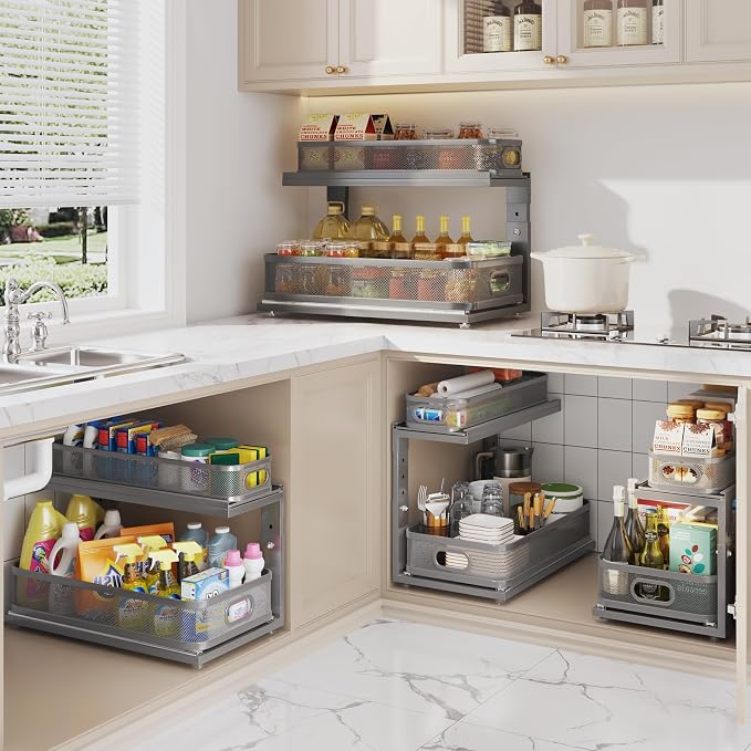 2 Pack 21IN-Depth Under Sink Organizer With Next-Gen Ball-Bearing Slides,2-Tier Precision Mesh Pull Out Cabinet Storage for Bathroom&Kitchen,Height Adjustable Drawers Shelf,Anti-rust-Grey