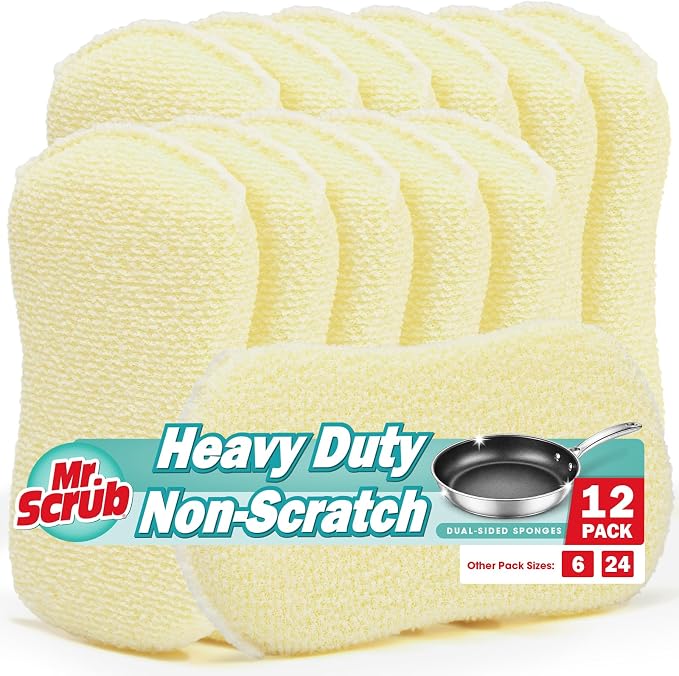 Mr. Scrub Kitchen Sponges, Dish Scrub Sponge 12 Pack Odor-Resistant, Quick-Drying, Non-Scratch for Washing Dishes, Pans, Pots & Nonstick Cookware