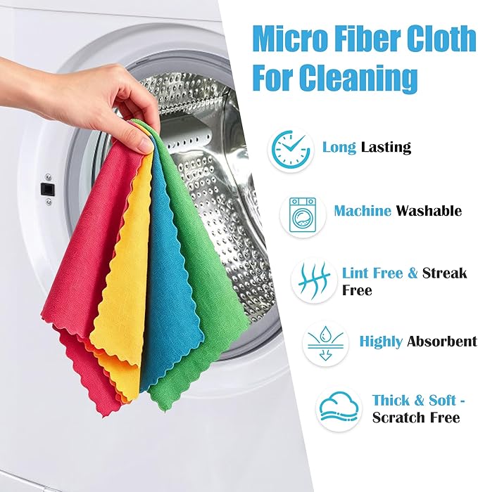 Puomue Microfiber Cleaning Cloth, 24 Pack Highly Absorbent Cleaning Rags, 4 Color Mix, Reusable, Soft and Lint Free Cleaning Supplies for Window, Household and Kitchen, 12 Inch X 10.6 Inch