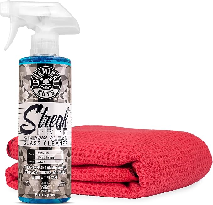 Chemical Guys Streak Free Window Clean Auto Glass Cleaner Bundle with Waffle Weave Microfiber Towel, Ammonia Free Spray Safe for Tinted Windows, Mirrors, Touchscreens and Plastics, 16 fl oz