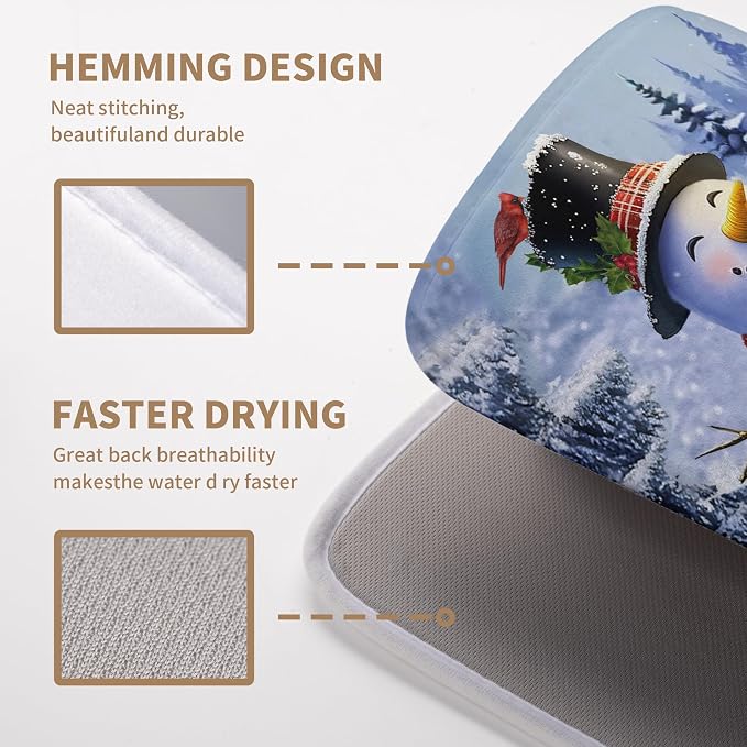 Christmas Snowman Kitchen Drying Mat - Winter Snow Cardinals Pine Trees Dish Drainer - Large Microfiber Absorbent Fast Drying Pad for Kitchen Countertop 1824