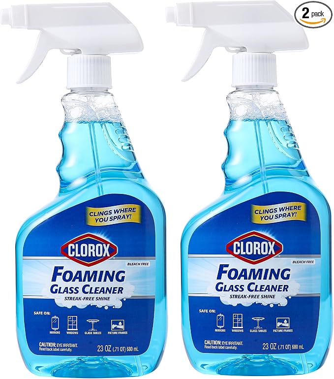 Clorox Foaming Glass Cleaner Trigger Spray Streak-Free No-Drip Formula Windows Mirrors Glass Surfaces All Purpose Household Cleaning Fresh Scent 23 OZ 2 Pack