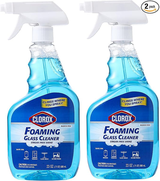 Clorox Foaming Glass Cleaner Trigger Spray Streak-Free No-Drip Formula Windows Mirrors Glass Surfaces All Purpose Household Cleaning Fresh Scent 23 OZ 2 Pack
