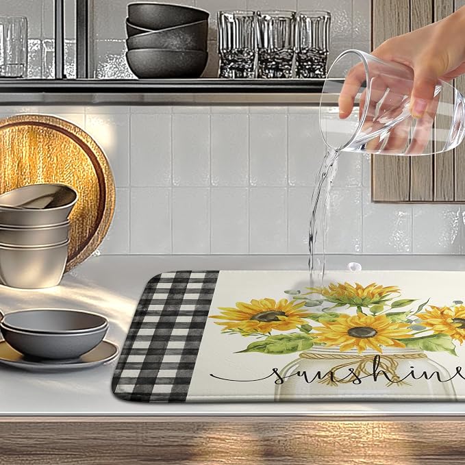 Summer Sunflower Dish Drying Mats for Kitchen Counter Spring Sunshine Kitchen Dishes Dryer Pad Flowers Absorbent Dish Mat Microfiber Washable Foldable Reusable Large 18x24 in