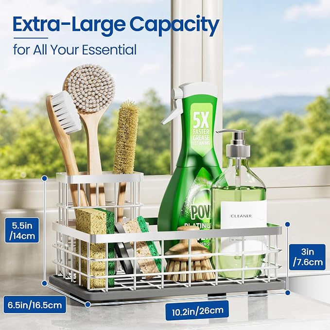 Extra Large Kitchen Sink Caddy Organizer, Stainless Steel Sponge Holder for Kitchen Sink with Brush Holder, Diatomite Stone Sink Tray for Soap Dispenser, Sponge, Bathroom Countertop Organizer, Silver