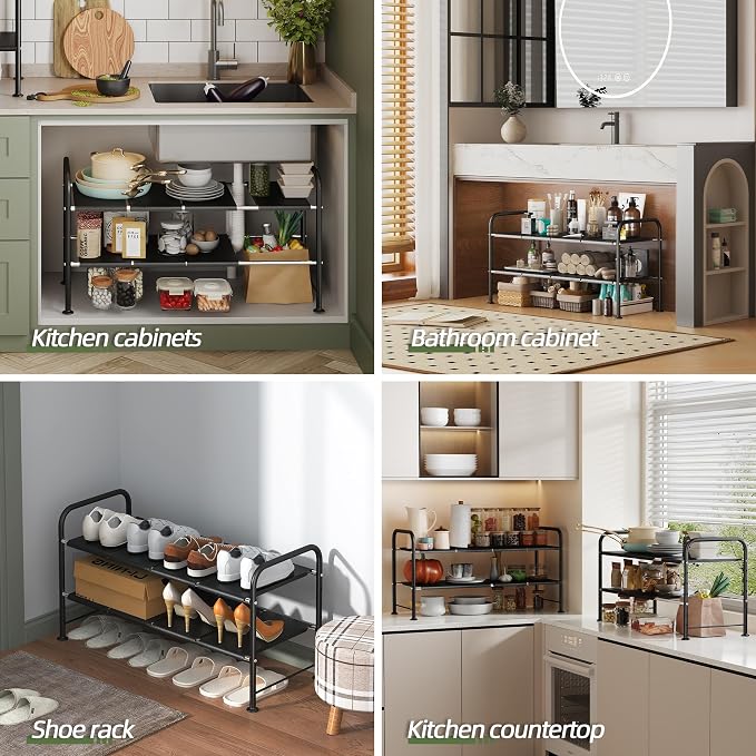 NETEL Under Sink Organizers and Storage,2 Tier Shelf Under Bathroom Sink,Cabinet Organizer with 8 Removable Carbon Steel Panels，Partition Height Adjustable,(27.36-36.02)" W x 12.28" D x 16.93" H
