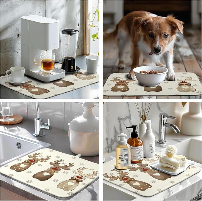 Christmas Reindeer Snowflakes Dish Drying Mat for Kitchen Counter 16x18 Inch Winter Xmas Holiday Drying Pads Microfiber Absorbent Dish Draining Mat Large Dish Drainer Rack Mat